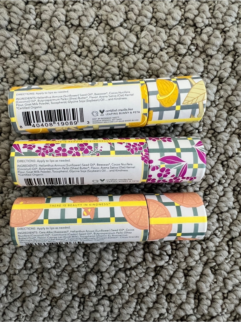 NWT Lip Balm Trio by Beekman 1802 w Almond Honey Cookie, Lilac, & Grapefruit - Picture 2 of 2